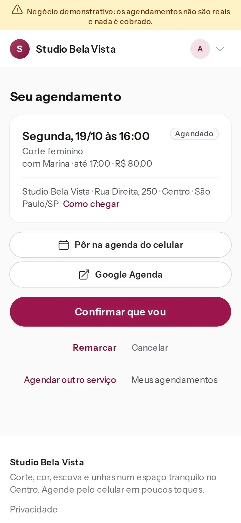 Agendamento do cliente