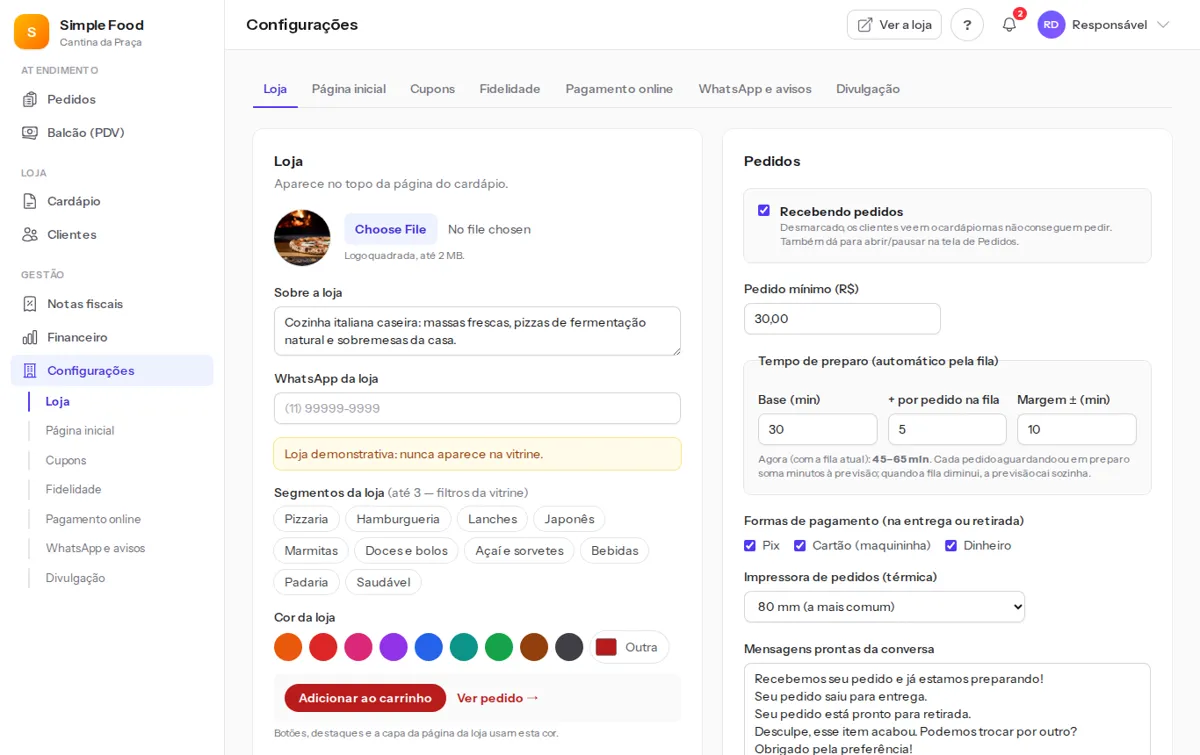 Configurações da loja