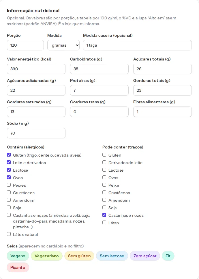 Informação nutricional no item