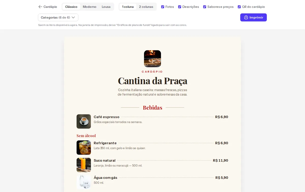 Cardápio impresso